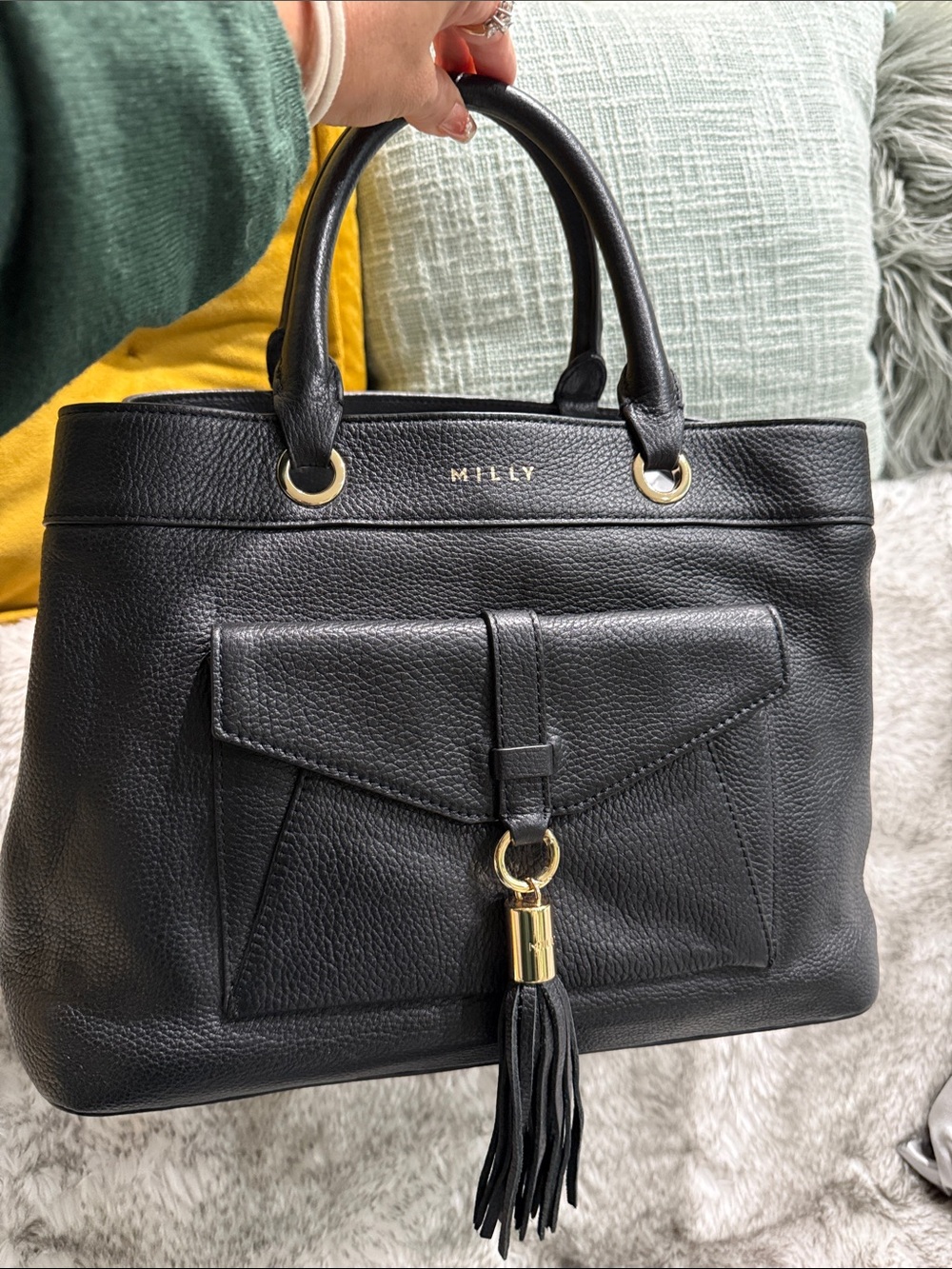 Milly Black Pebbled Leather Tote with Tassel